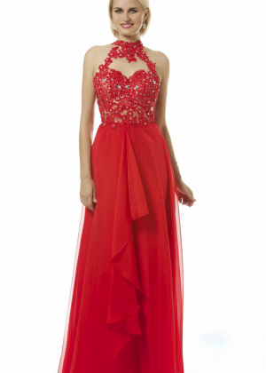 Turtle Neck Beaded Lace Chiffon Ruffled Prom Dress